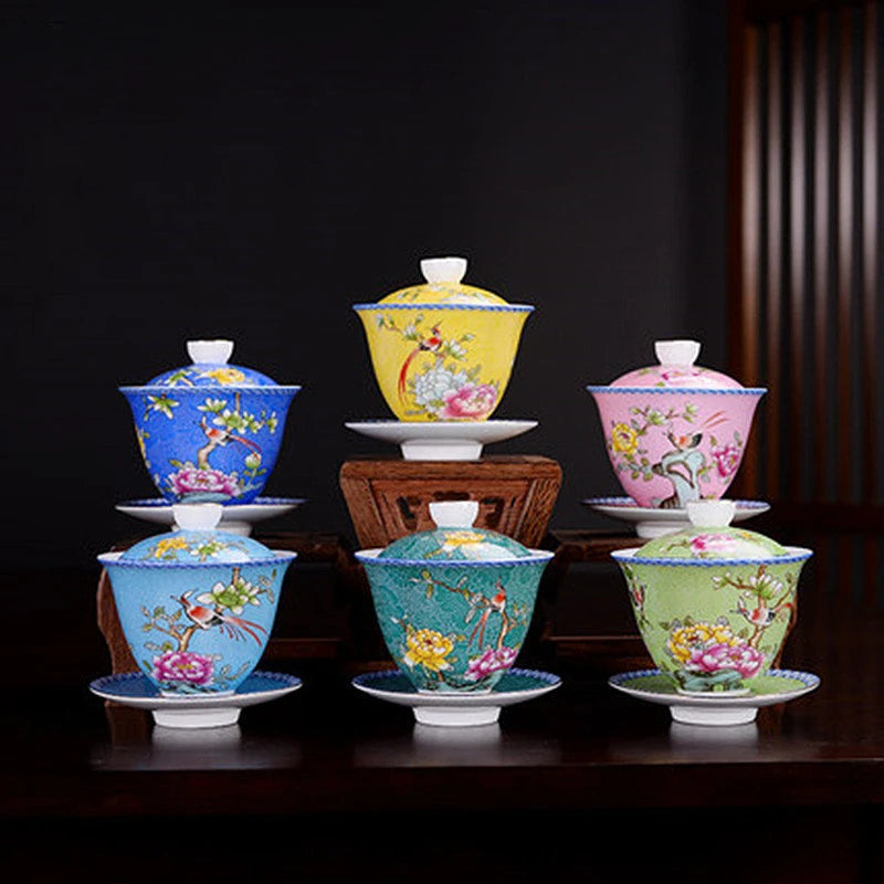 150ml Jingdezhen Ceramic Gaiwan Exquisite Enamel Color Tea Set Chinese Tea Cup with Cover Home Tea Infuser Custom Teaware Gifts