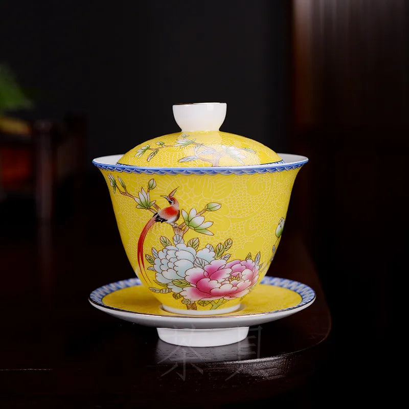 150ml Jingdezhen Ceramic Gaiwan Exquisite Enamel Color Tea Set Chinese Tea Cup with Cover Home Tea Infuser Custom Teaware Gifts