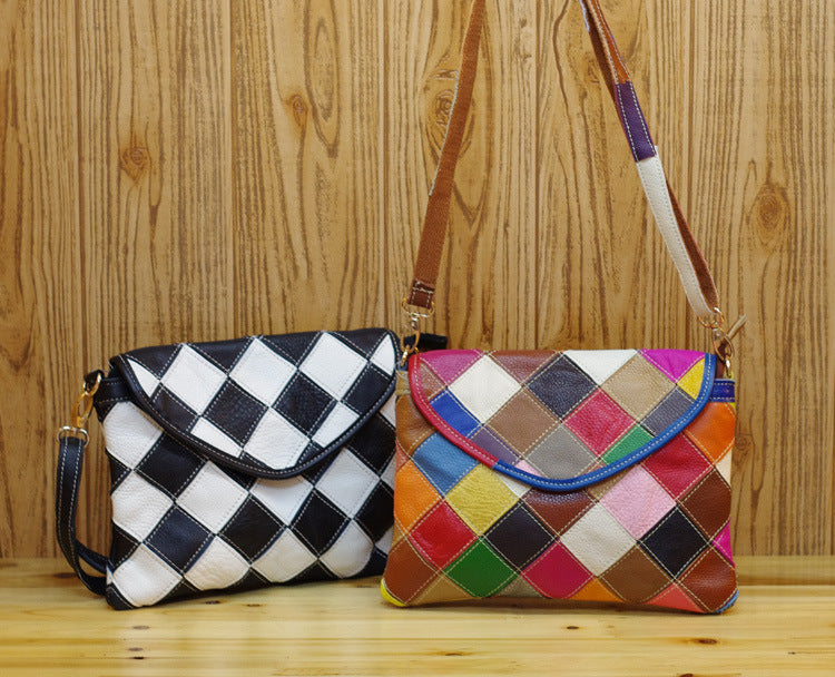 Premium Top-Layer Cowhide Leather Small Bag for Women | New Niche Designer Multi-Color Plaid Cross-Body Shoulder Handbag with Unique Artistic Style | Trendy Compact Purse for Everyday Chic, Travel & Casual Outings | Statement Accessory with Vibrant P