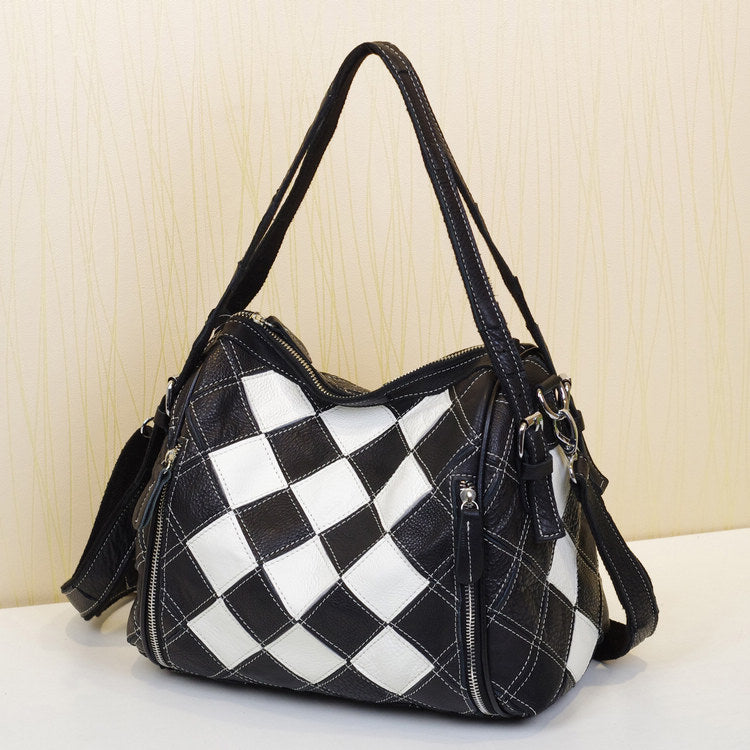 Premium Genuine Leather Colorful Patchwork Bag for Women | Trendy Scrap Leather Paneled Top-Handle Shoulder Handbag with Unique Artistic Design | Fashionable Casual Purse for Work, Errands & Everyday Chic | One-of-a-Kind Statement Accessory with Vibr