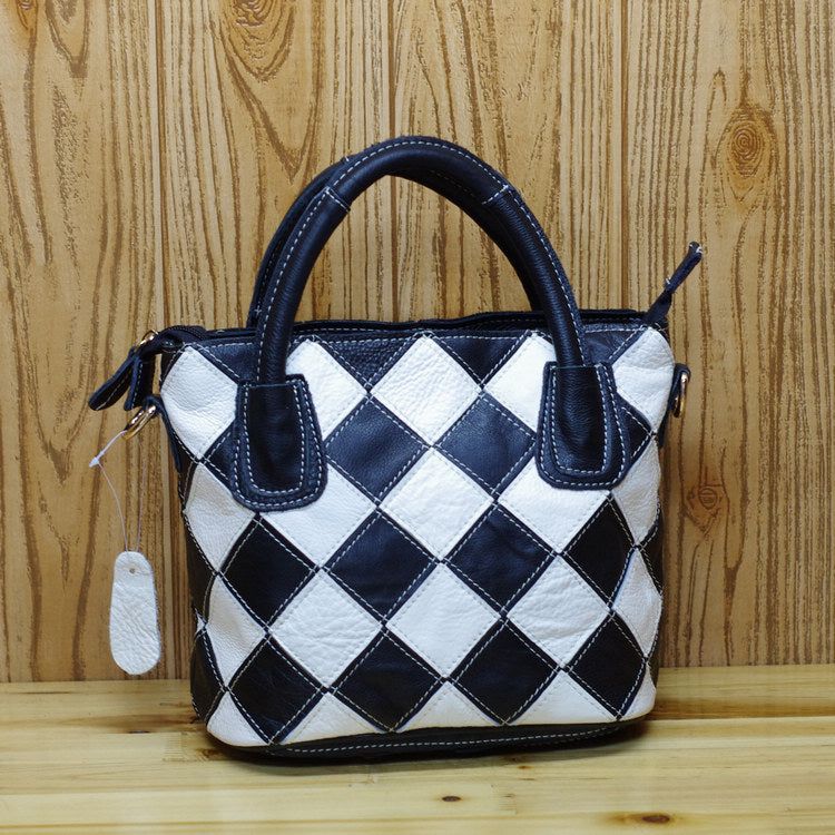 Genuine Cowhide Color Block Plaid Bucket Bag for Women, Designer Crossbody Top Handle Shoulder Purse, Colorful Casual Handbag for Ladies