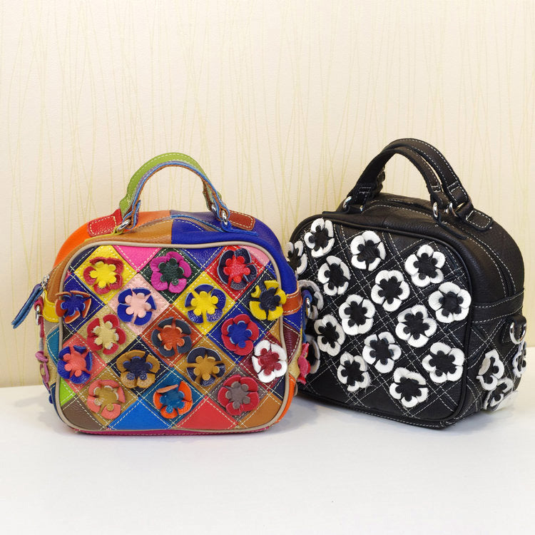 Genuine Top Layer Cowhide Multicolor Floral Handbag for Women, New Arrival Fashionable Unique Shoulder Top Handle Purse, Niche Designer Small Bag for Ladies