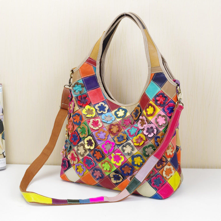 Premium Top-Layer Cowhide Leather Patchwork Bag for Women | Colorful Shoulder Cross-Body 2-in-1 Handbag with Unique Artistic Design | Versatile Purse for Everyday Chic, Work, Errands & Travel | Trendy Statement Accessory with Vibrant Personality & So