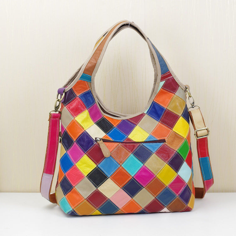 Premium Top-Layer Cowhide Leather Patchwork Bag for Women | Colorful Shoulder Cross-Body 2-in-1 Handbag with Unique Artistic Design | Versatile Purse for Everyday Chic, Work, Errands & Travel | Trendy Statement Accessory with Vibrant Personality & So