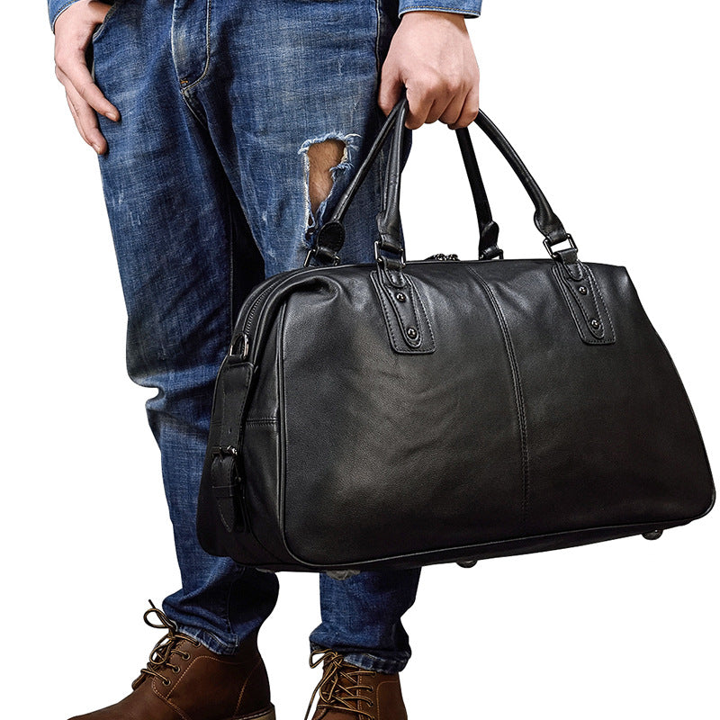 Large Capacity Genuine Leather Travel Duffle for Men, Short Business Trip Top Handle Luggage, Gym Weekender Crossbody Bag for Work and Fitness