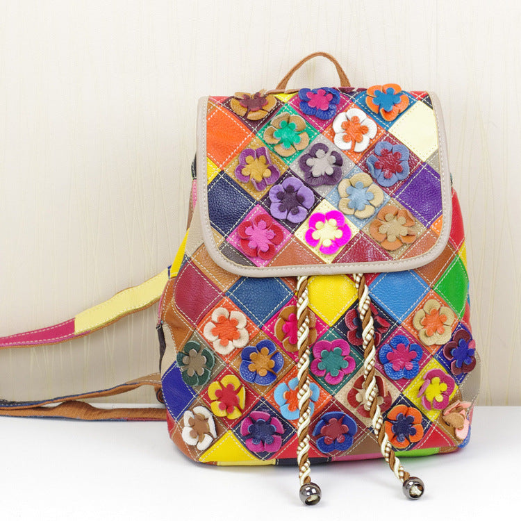 Genuine Cowhide Handmade Woven Backpack for Women, Floral Patchwork Boho Casual Travel Daypack, Bohemian Style Leather Bag for Ladies