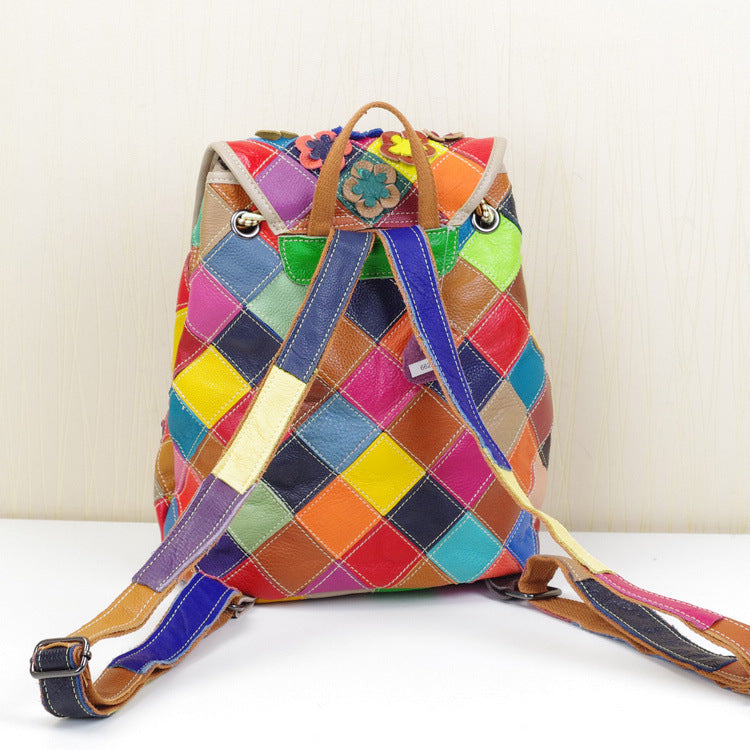 Genuine Cowhide Handmade Woven Backpack for Women, Floral Patchwork Boho Casual Travel Daypack, Bohemian Style Leather Bag for Ladies