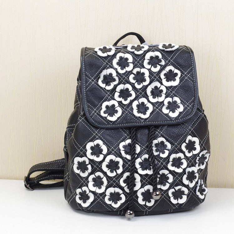 Genuine Cowhide Handmade Woven Backpack for Women, Floral Patchwork Boho Casual Travel Daypack, Bohemian Style Leather Bag for Ladies
