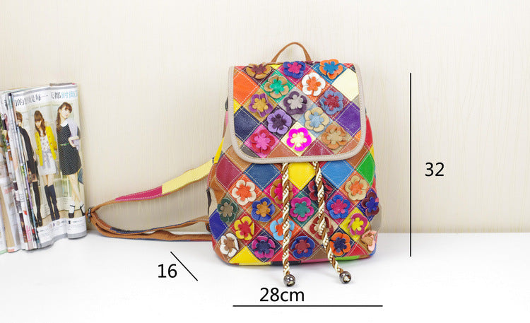 Genuine Cowhide Handmade Woven Backpack for Women, Floral Patchwork Boho Casual Travel Daypack, Bohemian Style Leather Bag for Ladies