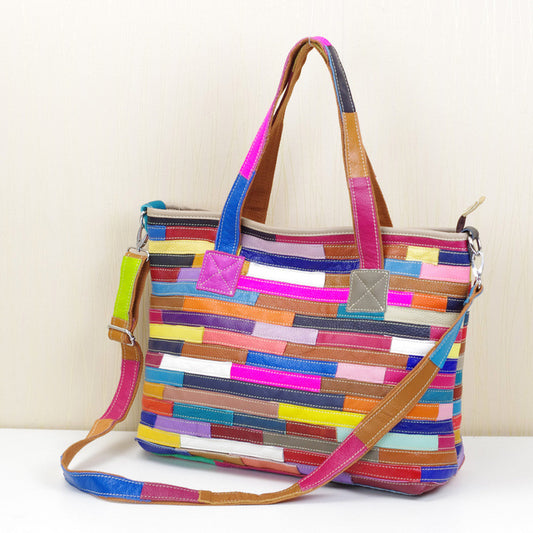 Genuine Top Layer Cowhide Color Block Striped Handbag for Women, New Arrival Fashionable Shoulder Purse, Trendy Casual Bag for Ladies