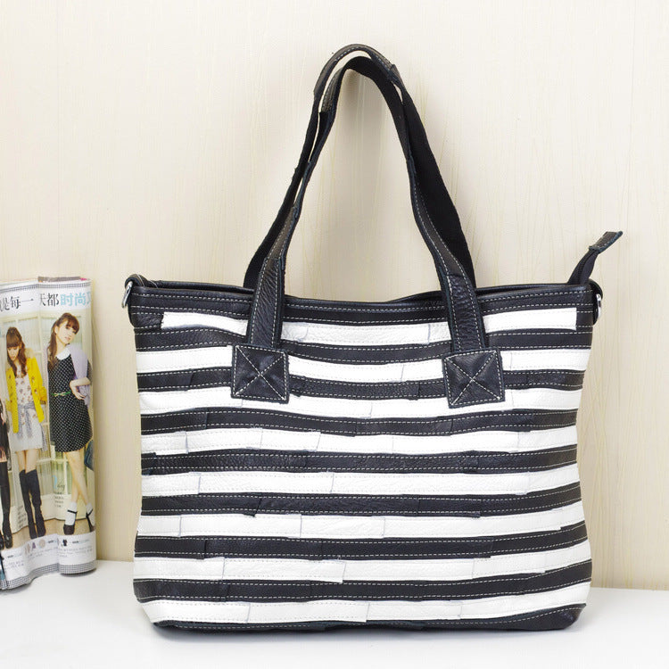 Genuine Top Layer Cowhide Color Block Striped Handbag for Women, New Arrival Fashionable Shoulder Purse, Trendy Casual Bag for Ladies