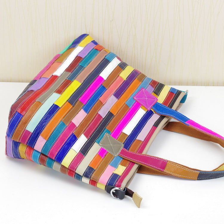 Genuine Top Layer Cowhide Color Block Striped Handbag for Women, New Arrival Fashionable Shoulder Purse, Trendy Casual Bag for Ladies