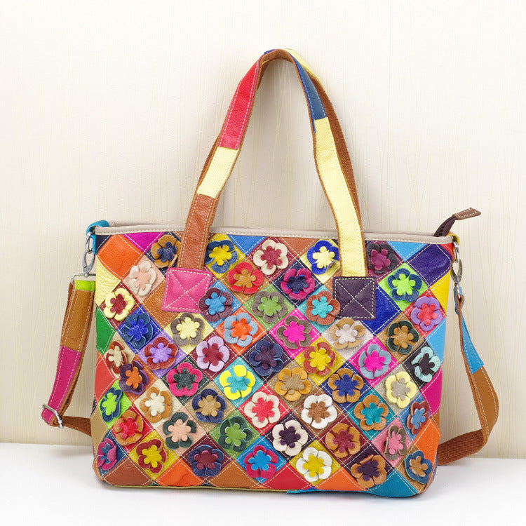 Genuine Top Layer Cowhide Ethnic Color Block Patchwork Tote Bag for Women, New Arrival Fashionable Shoulder Handbag, Trendy Bohemian Purse for Ladies