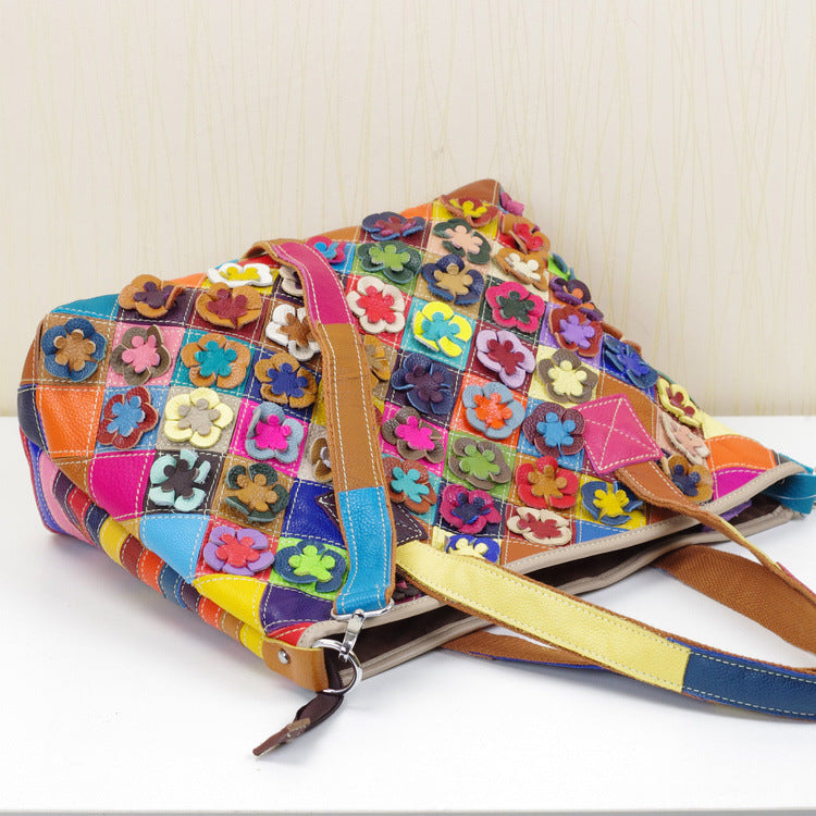 Genuine Top Layer Cowhide Ethnic Color Block Patchwork Tote Bag for Women, New Arrival Fashionable Shoulder Handbag, Trendy Bohemian Purse for Ladies
