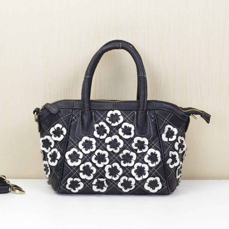 Genuine Leather Women's Floral Handbag, Niche Designer Artisan Flower Tote Purse, Trendy Top Handle Crossbody Bag for Ladies