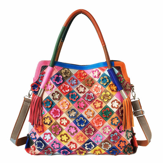 Women's Tote Shoulder Bag 100% Genuine Leather Colorful Floral Patchwork Handbag