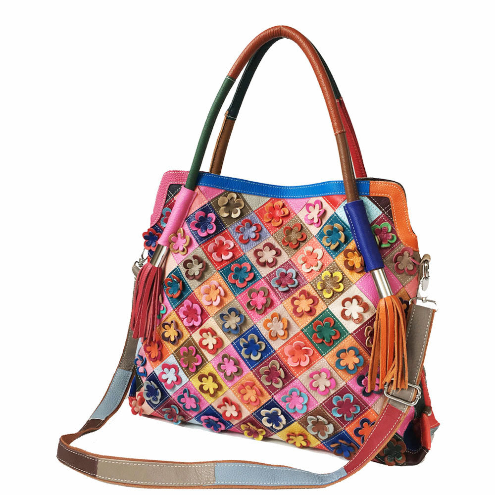 Women's Tote Shoulder Bag 100% Genuine Leather Colorful Floral Patchwork Handbag