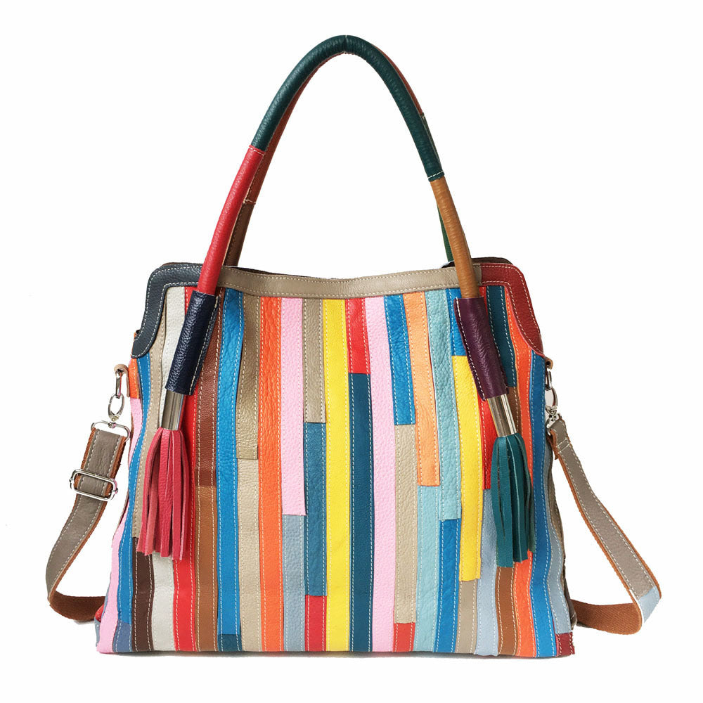 Women's Tote Shoulder Bag 100% Genuine Leather Colorful Floral Patchwork Handbag