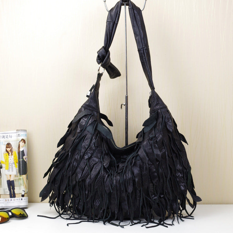 Genuine Sheepskin Leather Black Striped Fringe Hobo Bag for Women, New Arrival Soft Casual Shoulder Crossbody Purse, Stylish Designer Handbag