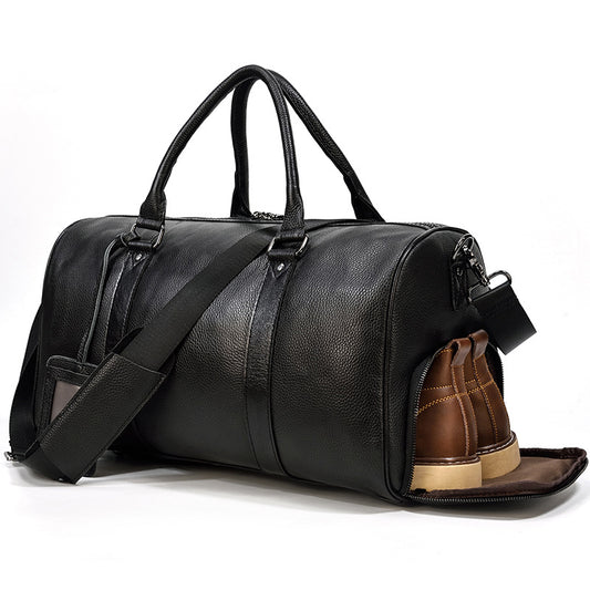 Vintage Pebbled Leather Large Capacity Travel Duffle with Shoe Compartment, Shoulder Crossbody Luggage Bag, Premium Weekender for Men