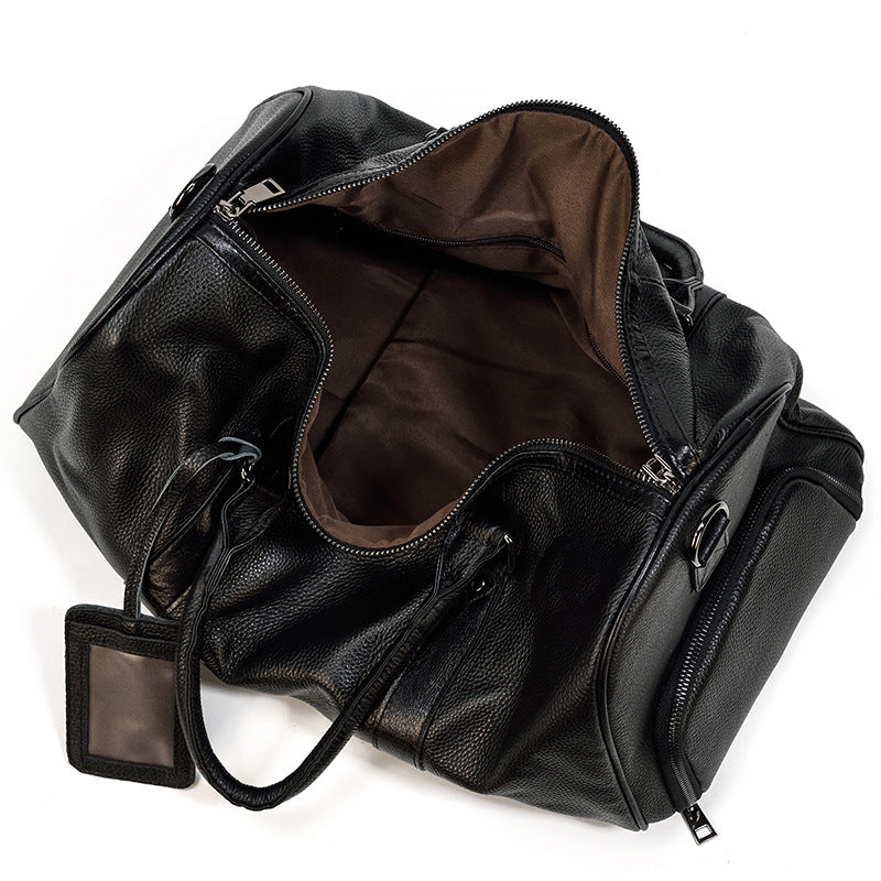 Vintage Pebbled Leather Large Capacity Travel Duffle with Shoe Compartment, Shoulder Crossbody Luggage Bag, Premium Weekender for Men