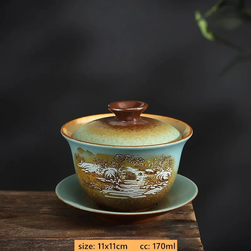 170ml Antique Ceramic Gaiwan Hand-made Portable Tea Infuser Chinese Tea Cup Traditional Tea Accessories Home Beauty Tea Bowl