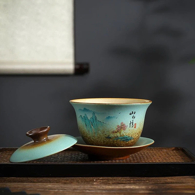 170ml Antique Ceramic Gaiwan Hand-made Portable Tea Infuser Chinese Tea Cup Traditional Tea Accessories Home Beauty Tea Bowl