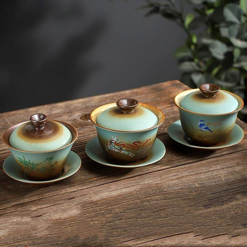 170ml Antique Ceramic Gaiwan Hand-made Portable Tea Infuser Chinese Tea Cup Traditional Tea Accessories Home Beauty Tea Bowl