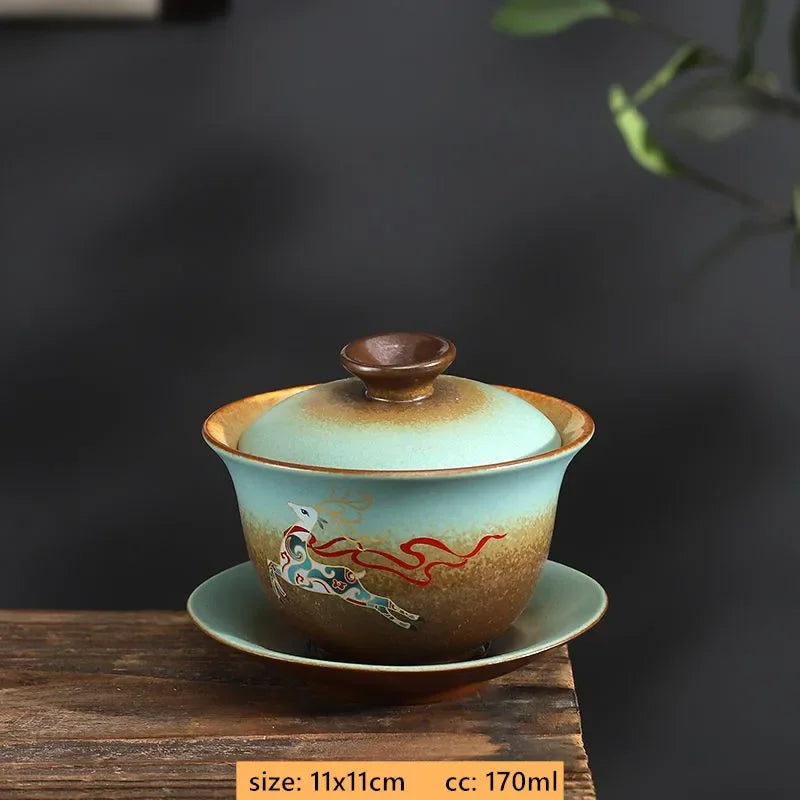 170ml Antique Ceramic Gaiwan Hand-made Portable Tea Infuser Chinese Tea Cup Traditional Tea Accessories Home Beauty Tea Bowl