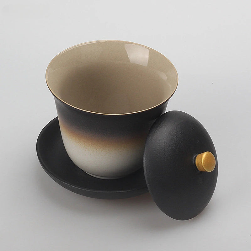 170ml Black Pottery Chinese Gaiwan Wedding Ceramic Tea Infuser Household Porcelain Tea Set Handmade Tea Bowl Teacup with Lid