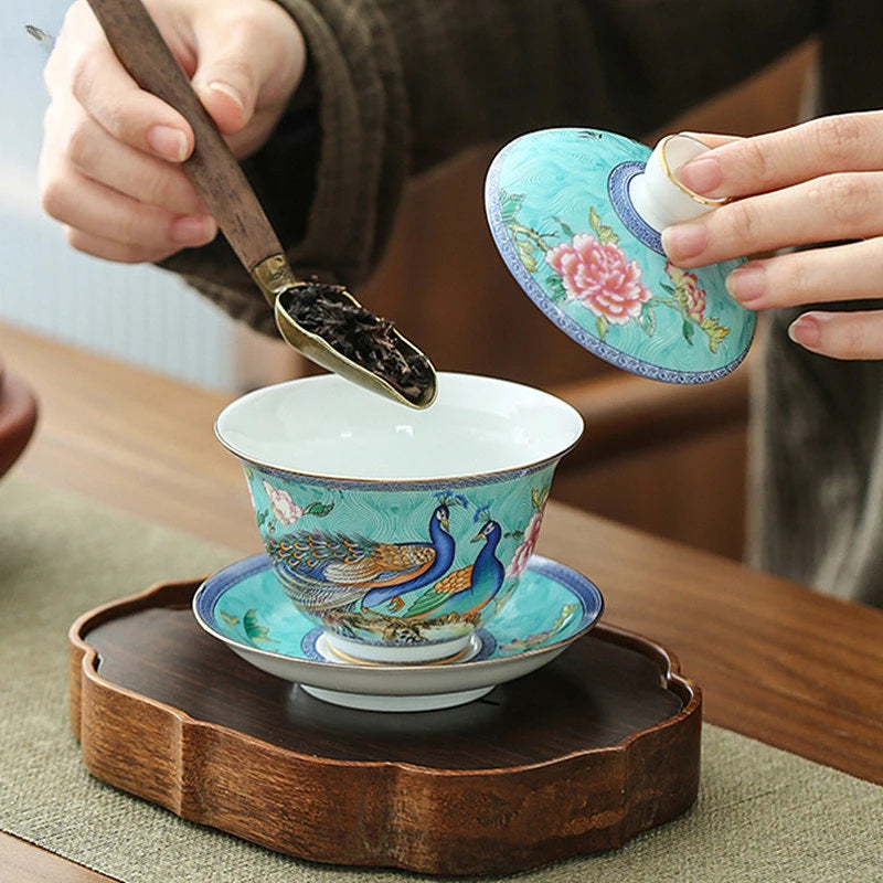 180ml Jingdezhen Ceramic Gaiwan Enamel Color with Cover Tea Cup Sancai Tea Bowl Chinese Porcelain Tea Set Household Tea Infuser