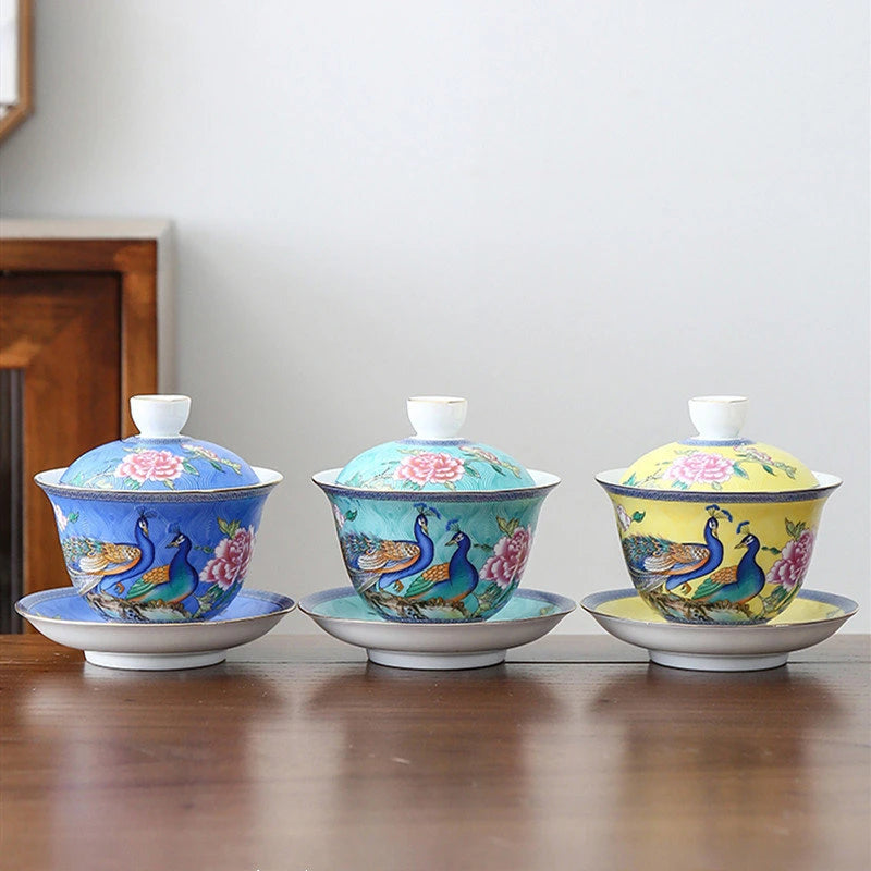 180ml Jingdezhen Ceramic Gaiwan Enamel Color with Cover Tea Cup Sancai Tea Bowl Chinese Porcelain Tea Set Household Tea Infuser