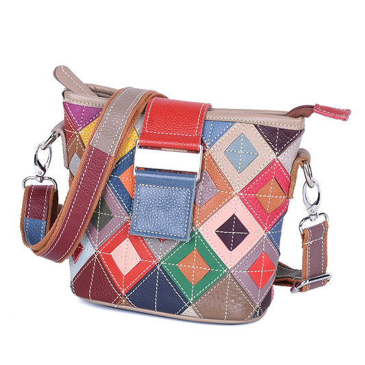 Genuine Top Layer Cowhide Colorful Color Block Handbag for Women, Small Crossbody Shoulder Purse, Fresh Sweet Casual Bag for Ladies