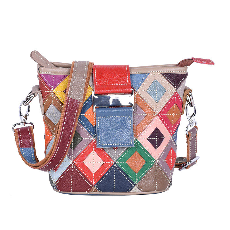 Genuine Top Layer Cowhide Colorful Color Block Handbag for Women, Small Crossbody Shoulder Purse, Fresh Sweet Casual Bag for Ladies