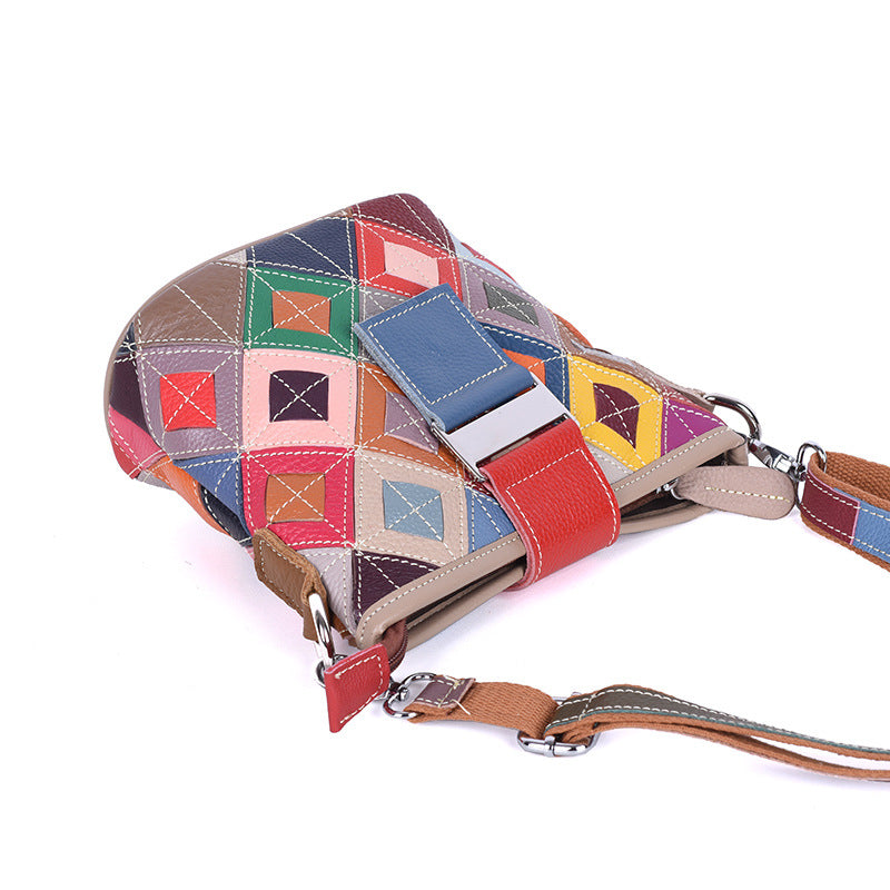 Genuine Top Layer Cowhide Colorful Color Block Handbag for Women, Small Crossbody Shoulder Purse, Fresh Sweet Casual Bag for Ladies