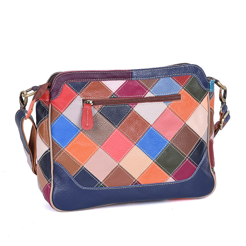Genuine Top Layer Cowhide Color Block Plaid Shoulder Crossbody Bag for Women, Fashionable Trendy Handbag, Versatile Everyday Purse for Ladies