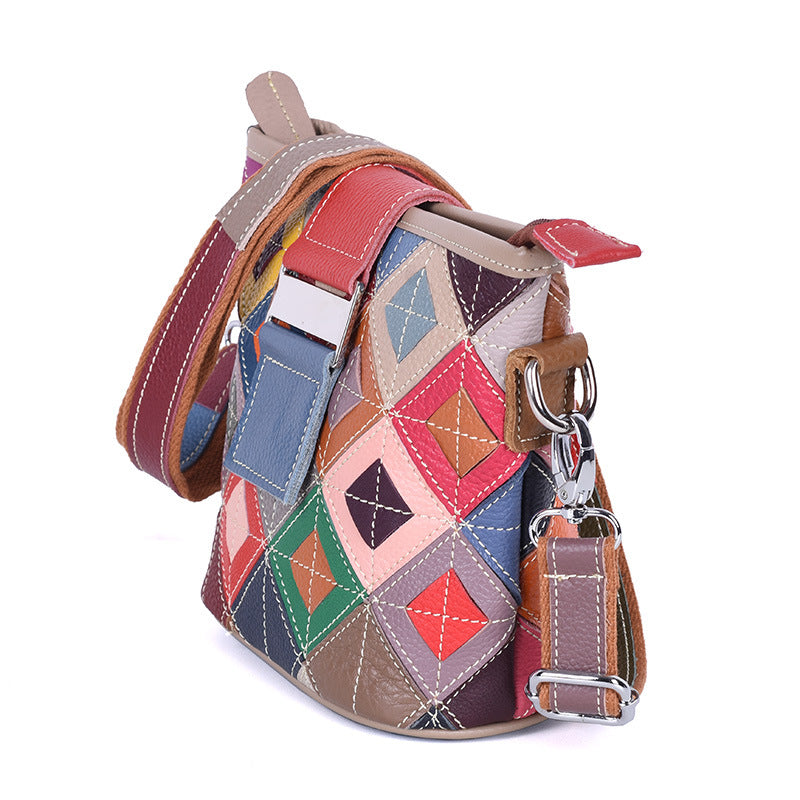 Genuine Top Layer Cowhide Colorful Color Block Handbag for Women, Small Crossbody Shoulder Purse, Fresh Sweet Casual Bag for Ladies