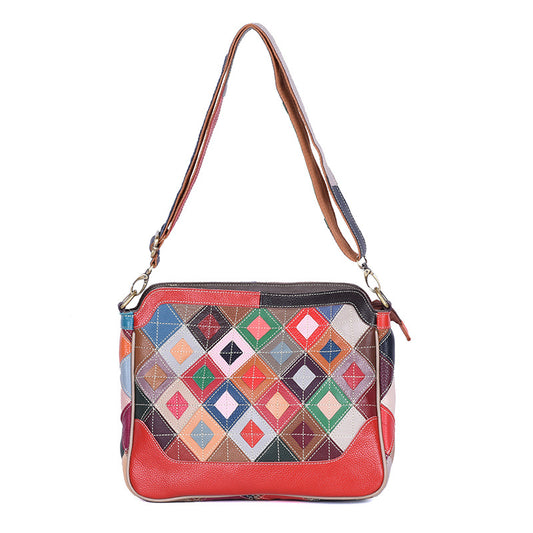 Genuine Top Layer Cowhide Color Block Plaid Shoulder Crossbody Bag for Women, Fashionable Trendy Handbag, Versatile Everyday Purse for Ladies