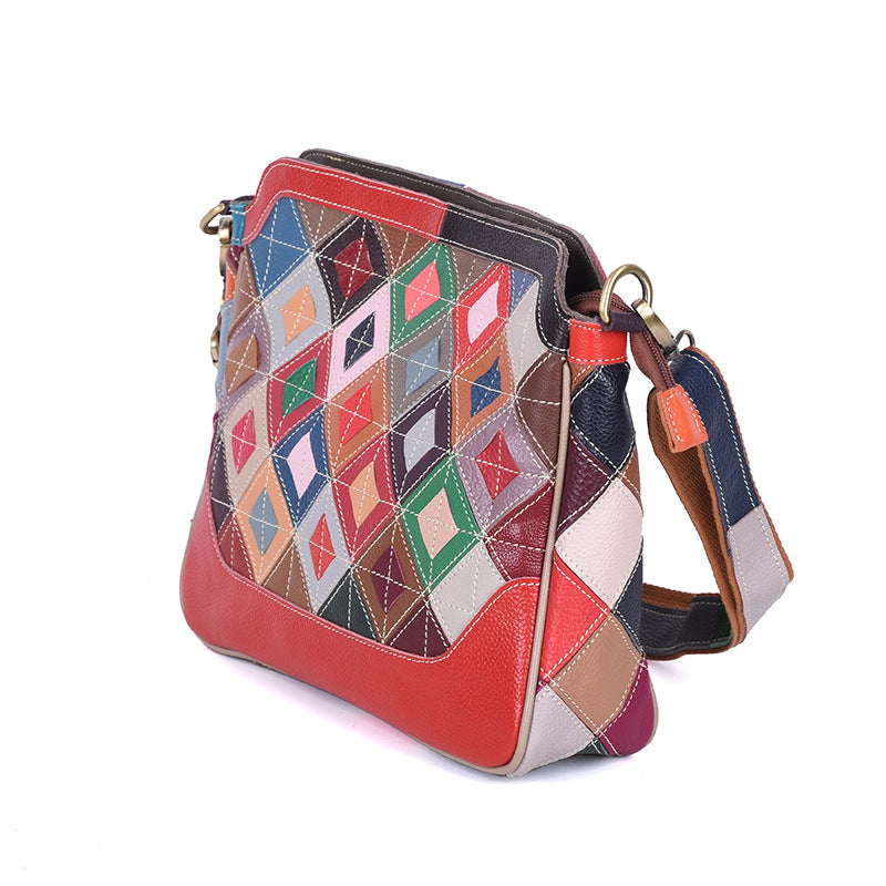 Genuine Top Layer Cowhide Color Block Plaid Shoulder Crossbody Bag for Women, Fashionable Trendy Handbag, Versatile Everyday Purse for Ladies