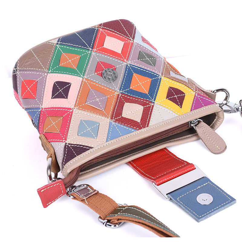 Genuine Top Layer Cowhide Colorful Color Block Handbag for Women, Small Crossbody Shoulder Purse, Fresh Sweet Casual Bag for Ladies