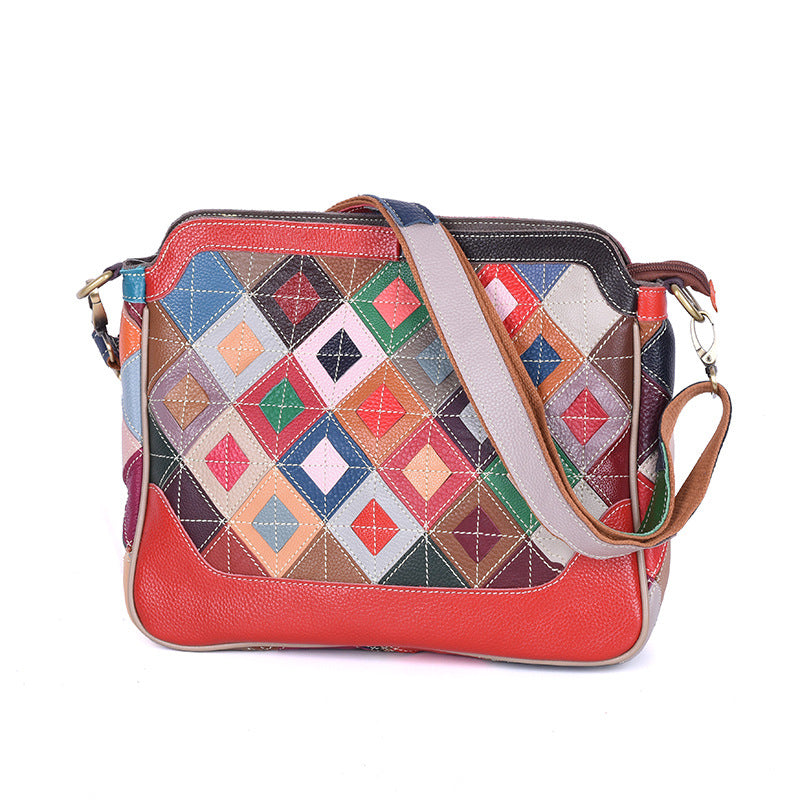 Genuine Top Layer Cowhide Color Block Plaid Shoulder Crossbody Bag for Women, Fashionable Trendy Handbag, Versatile Everyday Purse for Ladies
