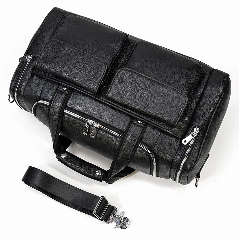 New Cylindrical Genuine Leather Travel Duffle, Fashionable Gym Shoulder Crossbody Bag, Premium Top Handle Weekender for Men