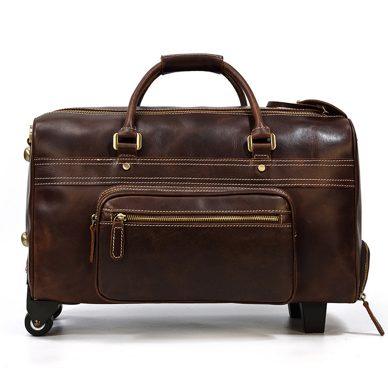 Black Genuine Leather Rolling Business Travel Duffle, Large Capacity Suitcase Luggage with Top Handle, Perfect Weekender for Men and Women