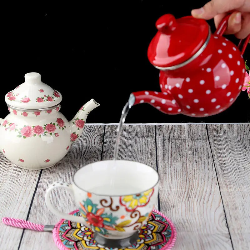 1L Enamel Pot Small Capacity Coffee Pot Milk Tea Pot Brewing Tea Pot Afternoon Tea Small Fresh Ethnic Style Small Teapot New