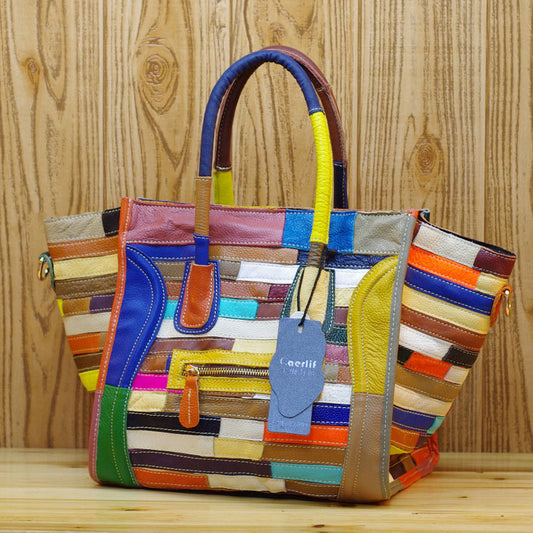 Genuine Top Layer Cowhide Ethnic Colorful Stripe Patchwork Handbag for Women, Smiley Face Color Block Top Handle Crossbody Purse, Trendy Casual Bag for Ladies