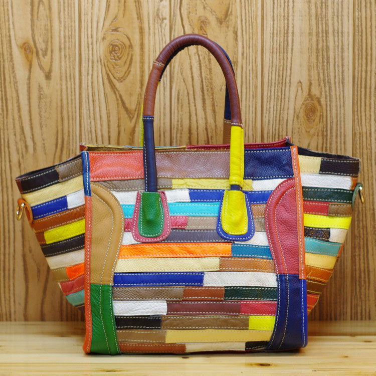 Genuine Top Layer Cowhide Ethnic Colorful Stripe Patchwork Handbag for Women, Smiley Face Color Block Top Handle Crossbody Purse, Trendy Casual Bag for Ladies