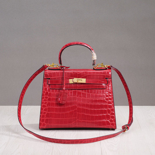 Spring Summer New Women's Genuine Leather Small Crossbody Shoulder Handbag Kelly Style with Crocodile Embossed Pattern