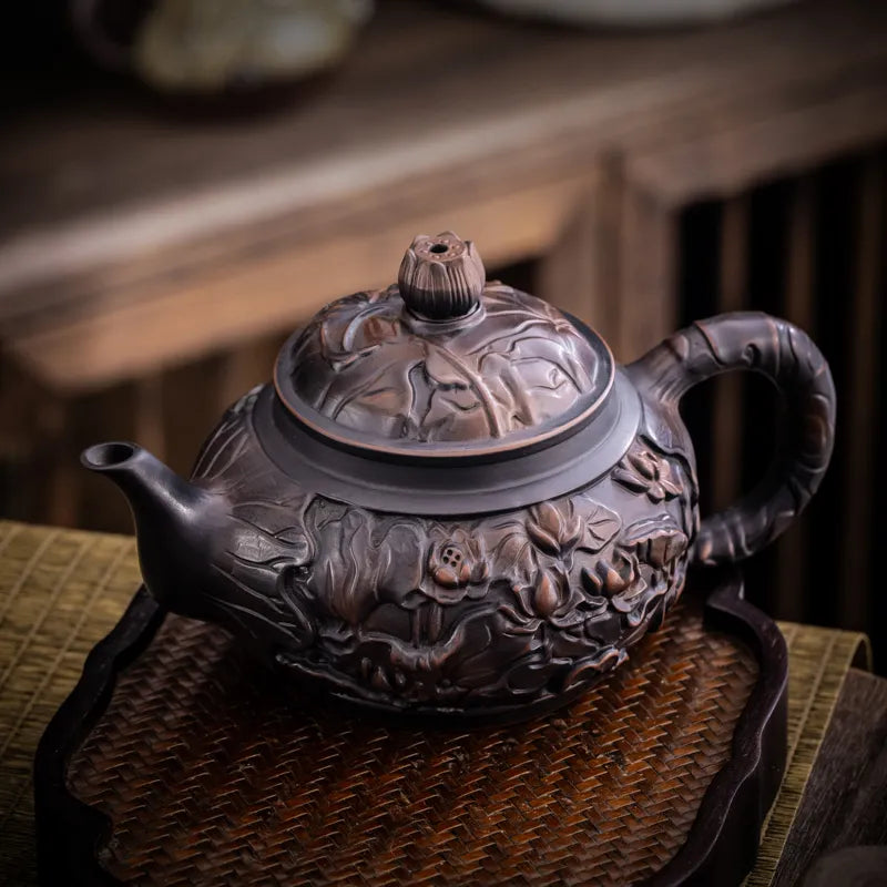 Purple Pottery Teapot Hand Carving Ceramic Drink Pot Kettle Pot Kung Fu Tea Set Pure Teapot Teapot for Tea Puer Tea
