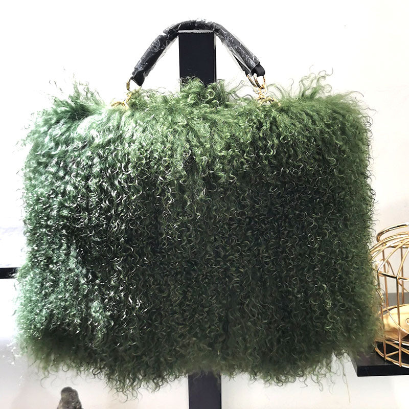 New Tansheep Fur Shoulder Bag for Women, Genuine Sheepskin Leather Crossbody Handbag with Tassel, Street Style Top-Handle Purse with Fluffy Texture