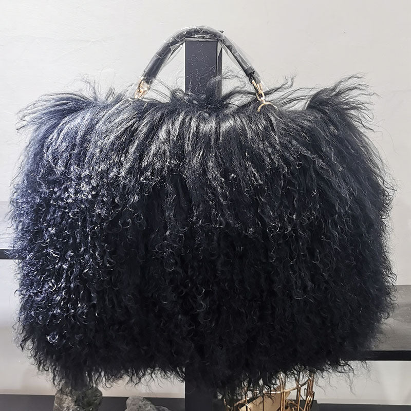 New Tansheep Fur Shoulder Bag for Women, Genuine Sheepskin Leather Crossbody Handbag with Tassel, Street Style Top-Handle Purse with Fluffy Texture